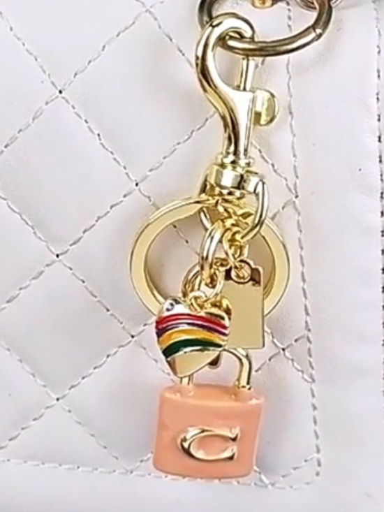 C Accessories - Coach Gold-Tone Keychain with Pink Charm & Multicolor Striped Heart